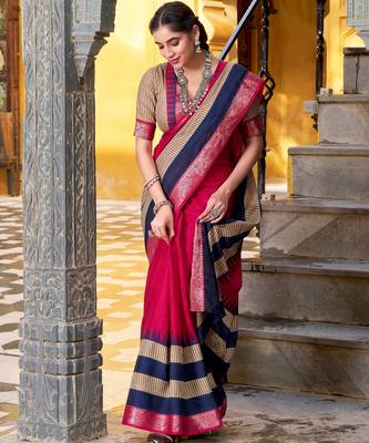 Pink printed with zari weaving work poly cotton saree & unstitched blouse 5