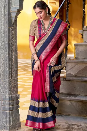 Pink printed with zari weaving work poly cotton saree & unstitched blouse