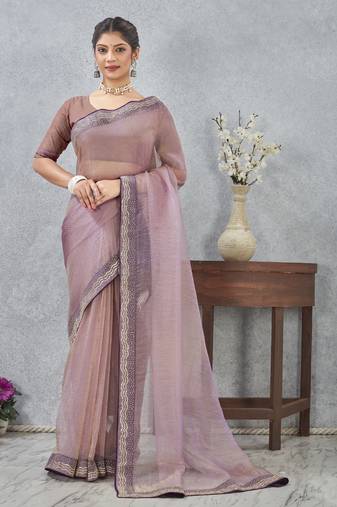 Lavender zarkan embroidered work soft silk saree for women