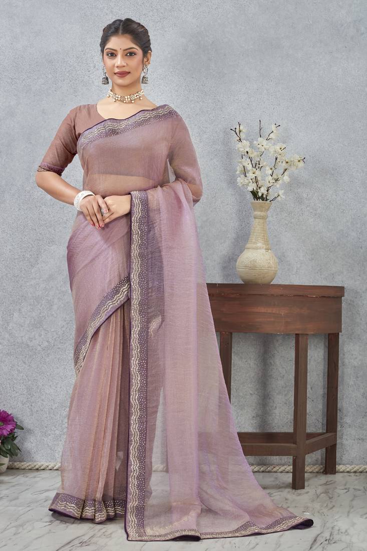 Lavender zarkan embroidered work soft silk saree for women