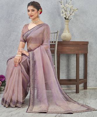 Lavender zarkan embroidered work soft silk saree for women 2