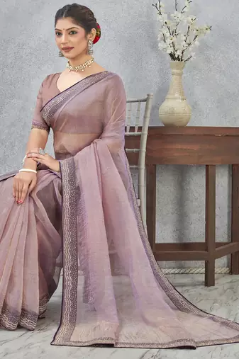 Lavender zarkan embroidered work soft silk saree for women