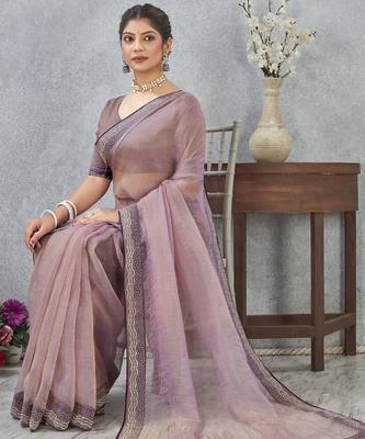 Lavender zarkan embroidered work soft silk saree for women 3