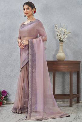 Lavender zarkan embroidered work soft silk saree for women 4