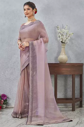 Lavender zarkan embroidered work soft silk saree for women