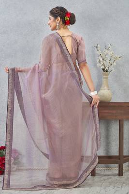 Lavender zarkan embroidered work soft silk saree for women 5