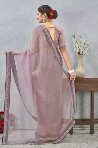 Lavender zarkan embroidered work soft silk saree for women