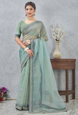 Sea Green zarkan embroidered work soft silk saree for women 1