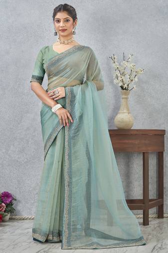 Sea Green zarkan embroidered work soft silk saree for women