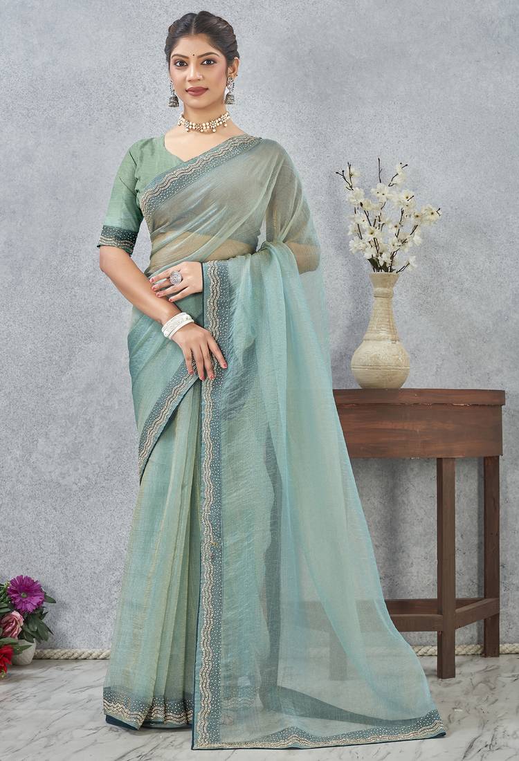 Sea Green zarkan embroidered work soft silk saree for women