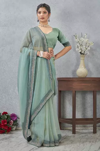 Sea Green zarkan embroidered work soft silk saree for women