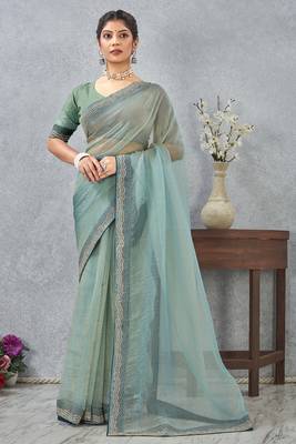 Sea Green zarkan embroidered work soft silk saree for women 3