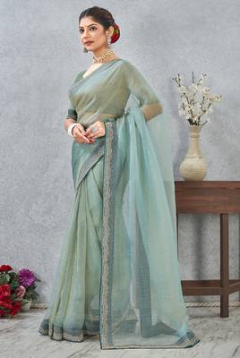 Sea Green zarkan embroidered work soft silk saree for women 4