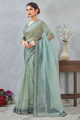 Sea Green zarkan embroidered work soft silk saree for women