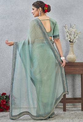 Sea Green zarkan embroidered work soft silk saree for women 5