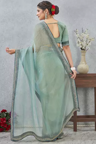 Sea Green zarkan embroidered work soft silk saree for women