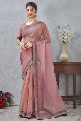 Pink zarkan embroidered work soft silk saree for women 1