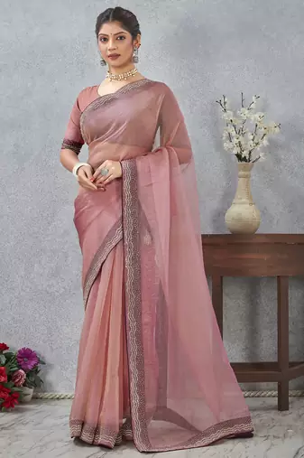Pink zarkan embroidered work soft silk saree for women