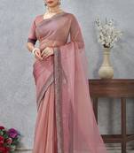 Pink zarkan embroidered work soft silk saree for women