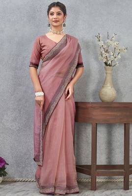 Pink zarkan embroidered work soft silk saree for women 2