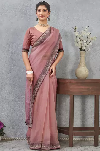 Pink zarkan embroidered work soft silk saree for women