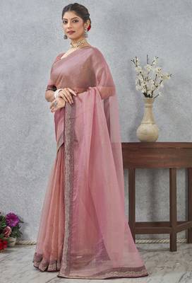 Pink zarkan embroidered work soft silk saree for women 3