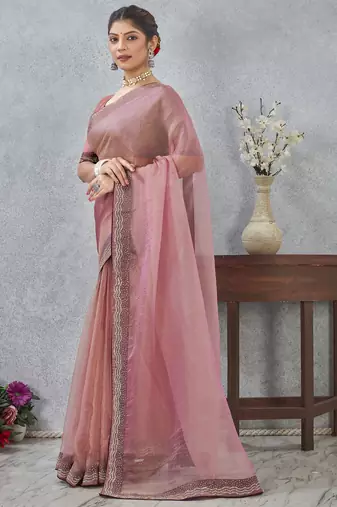 Pink zarkan embroidered work soft silk saree for women