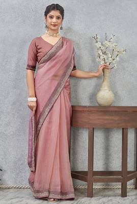 Pink zarkan embroidered work soft silk saree for women 4