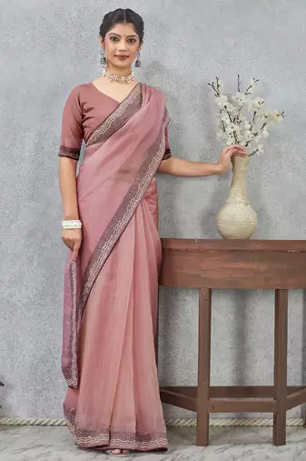 Pink zarkan embroidered work soft silk saree for women