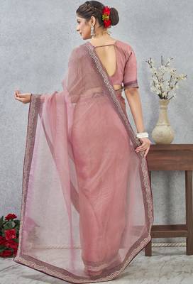 Pink zarkan embroidered work soft silk saree for women 5