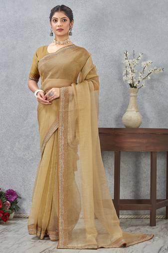 Mustard zarkan embroidered work soft silk saree for women