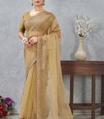 Mustard zarkan embroidered work soft silk saree for women