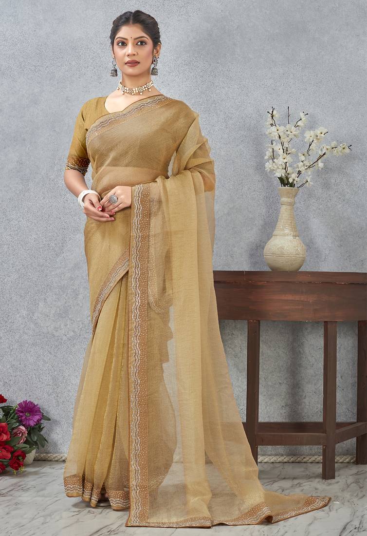 Mustard zarkan embroidered work soft silk saree for women