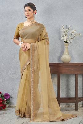 Mustard zarkan embroidered work soft silk saree for women 2