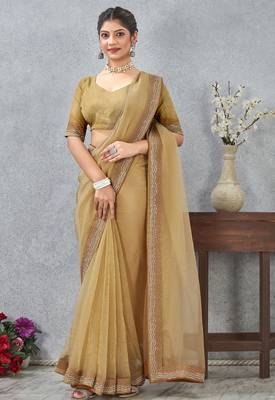 Mustard zarkan embroidered work soft silk saree for women 3