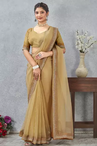 Mustard zarkan embroidered work soft silk saree for women