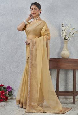 Mustard zarkan embroidered work soft silk saree for women 4