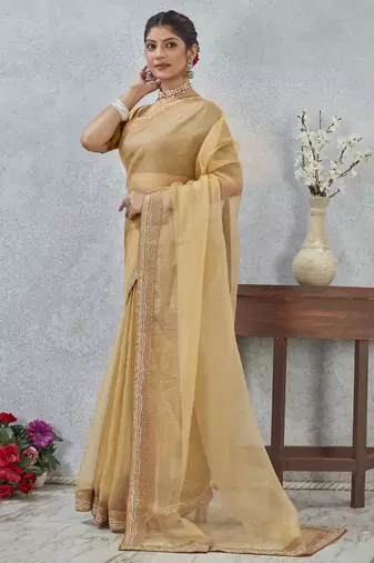 Mustard zarkan embroidered work soft silk saree for women