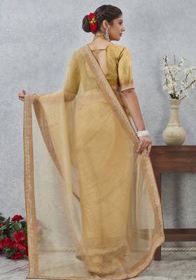 Mustard zarkan embroidered work soft silk saree for women 5