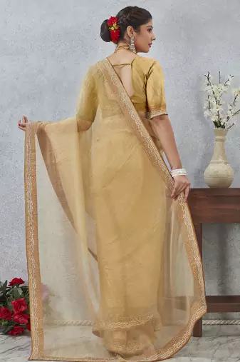 Mustard zarkan embroidered work soft silk saree for women