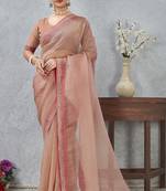 Peach zarkan embroidered work soft silk saree for women