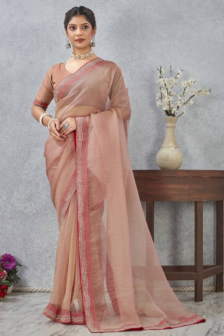 Peach zarkan embroidered work soft silk saree for women
