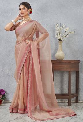 Peach zarkan embroidered work soft silk saree for women 2