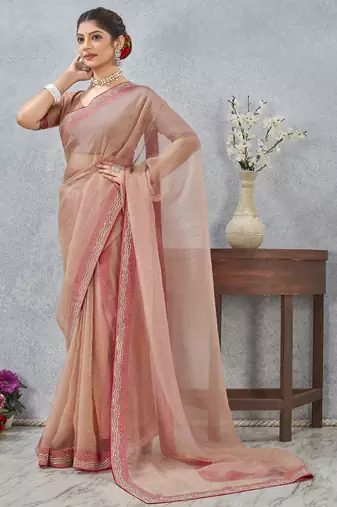 Peach zarkan embroidered work soft silk saree for women