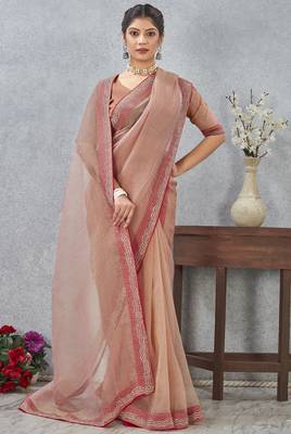Peach zarkan embroidered work soft silk saree for women 3