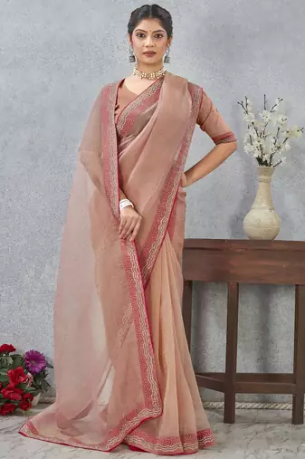Peach zarkan embroidered work soft silk saree for women