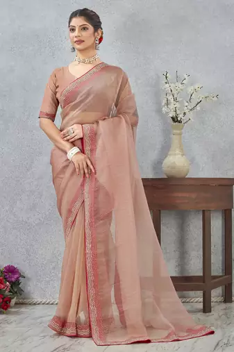 Peach zarkan embroidered work soft silk saree for women