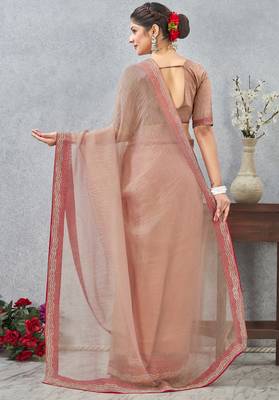 Peach zarkan embroidered work soft silk saree for women 5