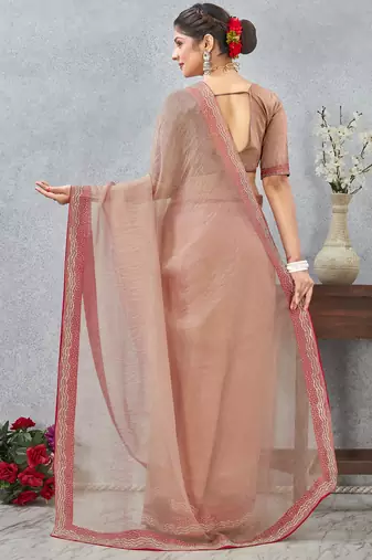 Peach zarkan embroidered work soft silk saree for women