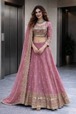 Pink COLOR FENDY SATIN HEAVY EMBROIDERY WORK WEDDING WEAR STITCHED LEHENGA CHOLI 1